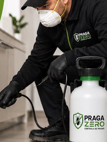 Técnico da PragaZero, fardado e com pulverizador profissional, a executar tratamento de controlo de pragas numa cozinha comercial